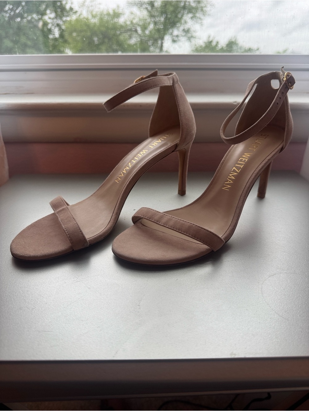 Stuart Weitzman Nude Taupe Open-Toe Ankle-Strap Heels